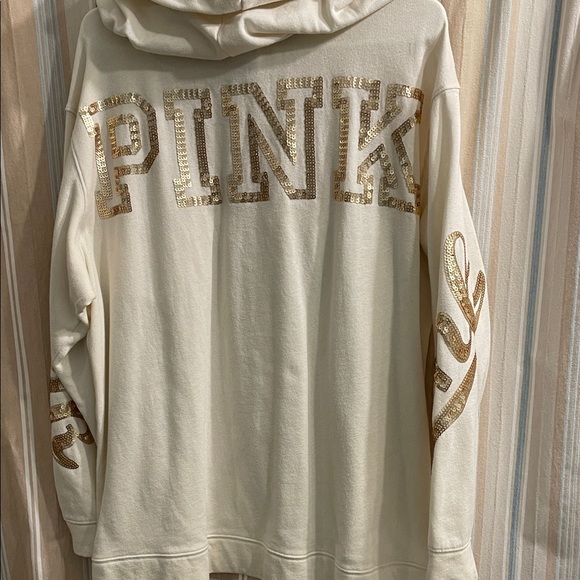 PINK Victoria's Secret Cream Hoodie with Gold Sequins. Worn 3 Times. - Picture 2 of 11